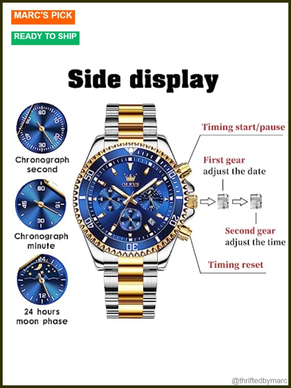 Men's Stainless Steel Waterproof Chronograph Wrist Watch Luminous Analog Quartz